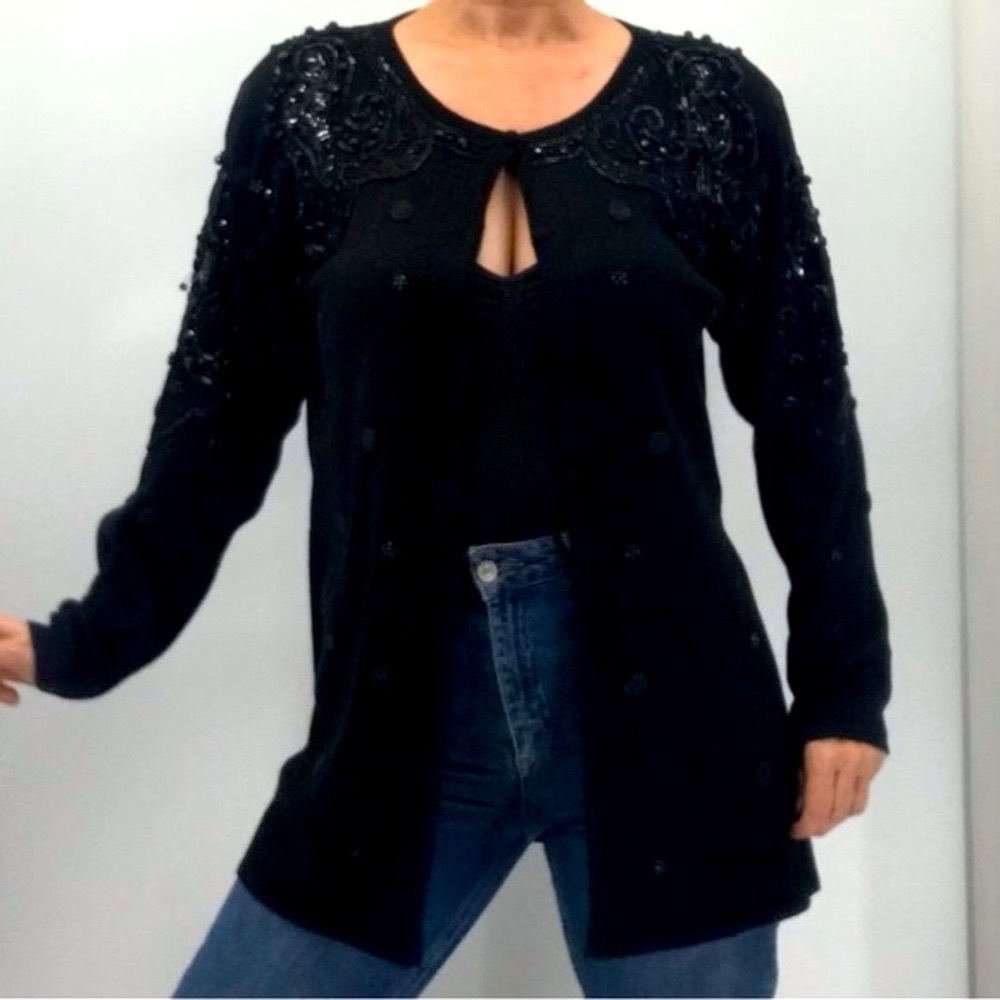Vintage 90’s Embellished Beaded Sequin Wool Tunic Cardigan Sweater Jacket